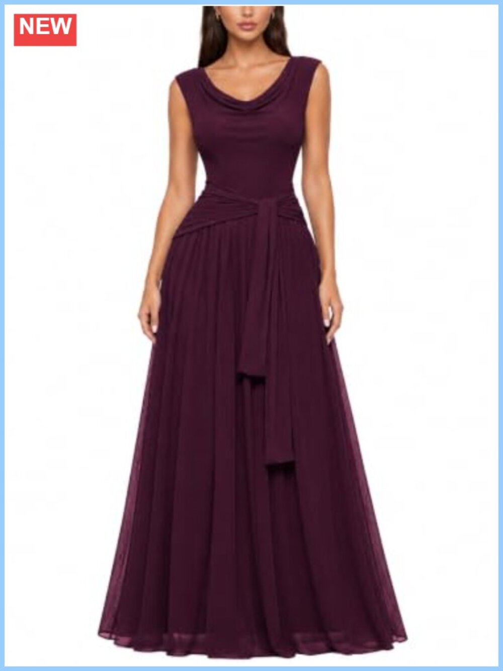 AISIZE Cowl Neck Ruched Waist Tie Mesh Maxi Formal Dress